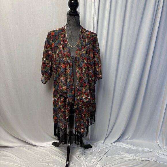 LuLaRoe Patchwork Kimono Cardigan Womens Size Large Fringe Hem Lightweight Boho - Picture 1 of 7